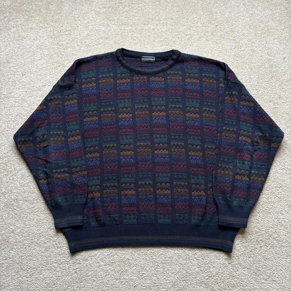 Vtg‎ Preswick & Moore Sweater Navy Multicolor Crewneck Knit Pullover Geometric